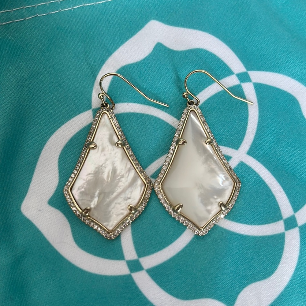 Kendra Scott Alex Gold Drop Earrings in Ivory Pearl, with diamonds